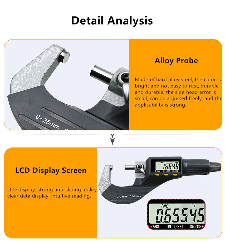 0-25 mm Electronic Outside Micrometers 0.001mm with Extra Large LCD Screen Digital Micrometer Electronic Digital Measure Tools