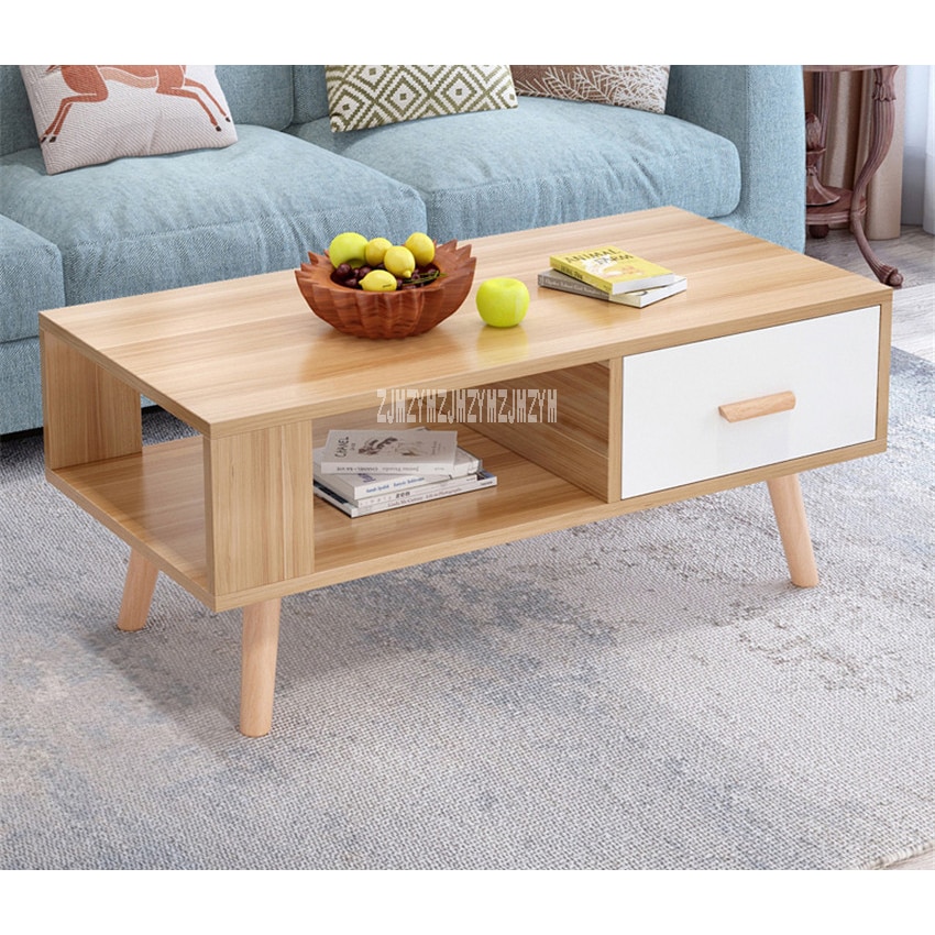 BO-003 Minimalist Modernity Living Room Tea Table Rectangular Side Table 1-Drawer Modern Teapoy Solid Wooden Leg Coffee Table