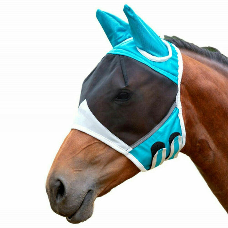 Häst / kolv / ponnymönstrad fluga mask huva med öron andas myggmask oss: Blå / M