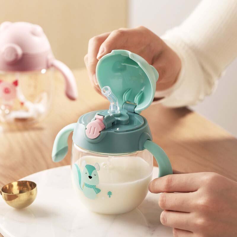 Nyfødt baby træning kop småbørn spædbørn børn sutteflaske med sugerør børn lærer sutte drikkedunk med håndtag 300ml