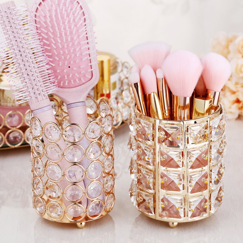 Porte-crayon en cristal de Style européen, porte-stylo de bureau, porte-brosse de maquillage cosmétique, conteneur d'eyeliner en or