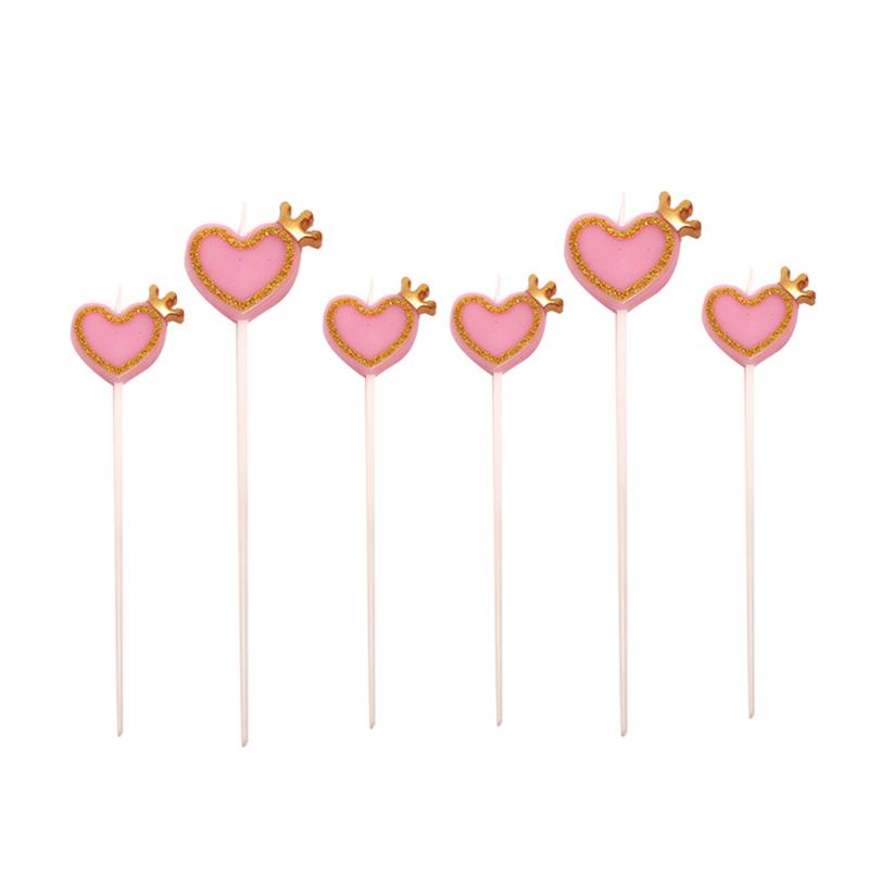 6pcs Verjaardagstaart Kaars Decoratie Hart Crown Shape Cake Kaars Creatieve Taart Kaars Decoratie: Pink