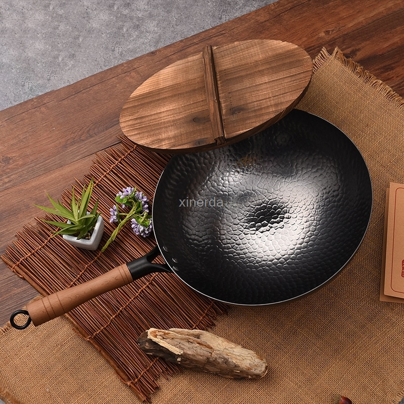 30/32/34Cm Gesmeed Hamer Ijzeren Wok Steen Ongecoat Fysieke Non-stick Pan Gietijzeren Ronde knoedel Pan Keuken Potten Koken Pannen