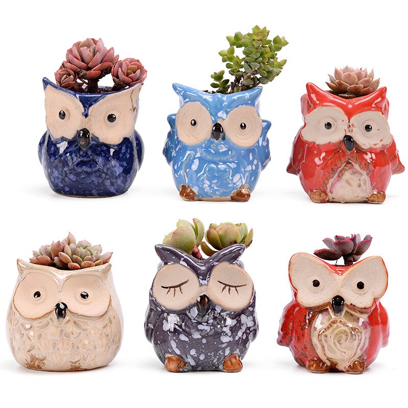6 pièces en céramique hibou Pots de fleurs jardinières coulant glaçure Base série ensemble en céramique planteur bureau Pot de fleur mignon Plante succulente: Default Title