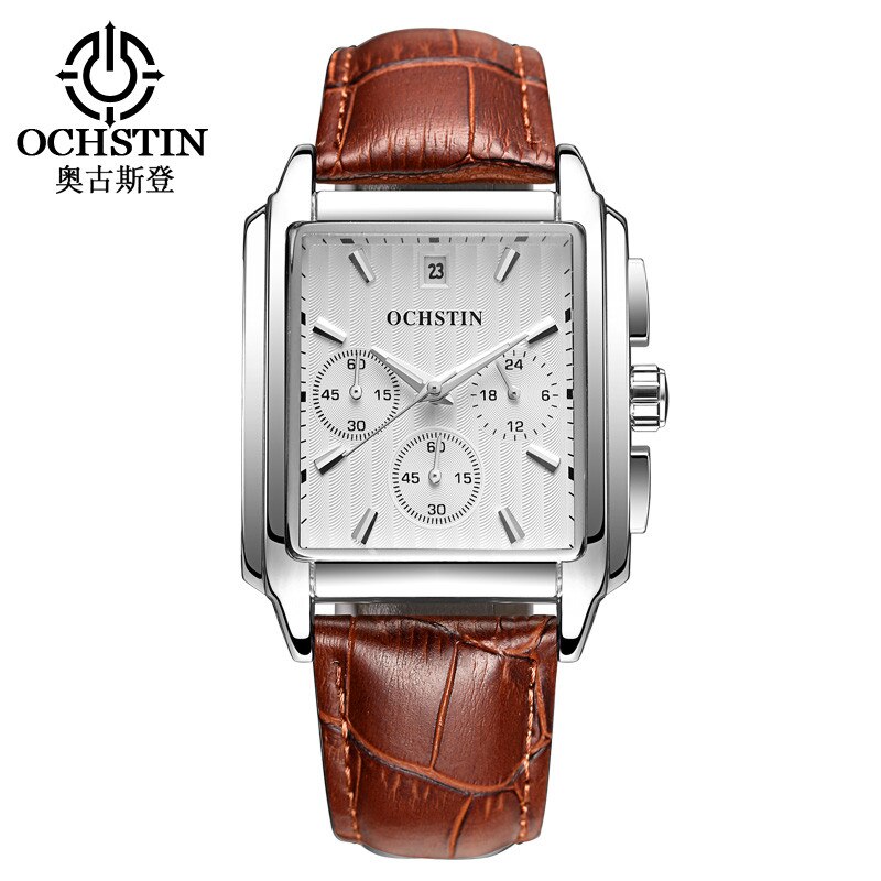 OCHSTIN , reloj cuadrado de cuarzo negro para hombre, reloj de negocios de de lujo, Reloj analógico con correa de cuero para hombre, reloj con cronógrafo: Silver whtie