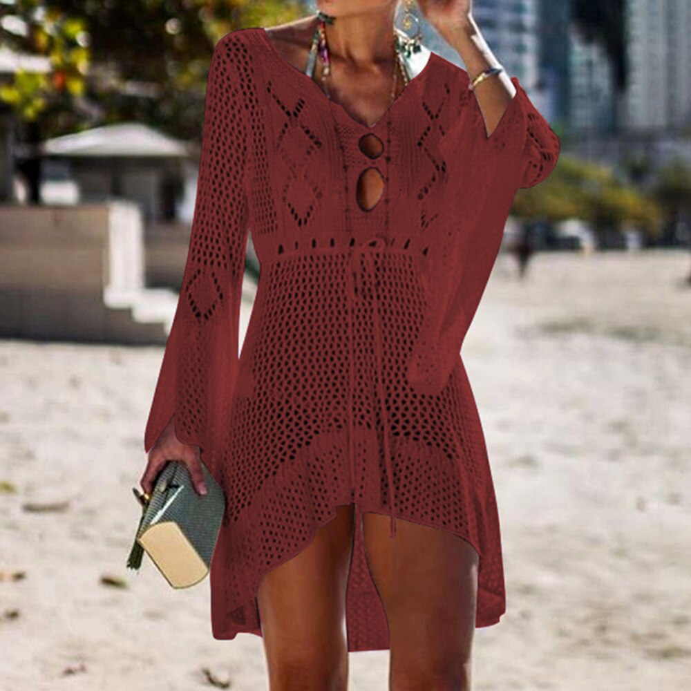 Sfit mujeres Crochet punto cubrir túnica de playa vestido largo Pareos Bikini cubrir traje de baño bata de playa Plage