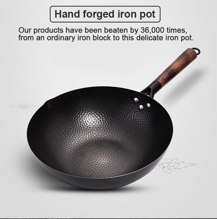 Jern wok med træhåndtag traditionelt håndlavet jern wok køkken non-stick pande ikke-belægning gaskomfur køkkengrej