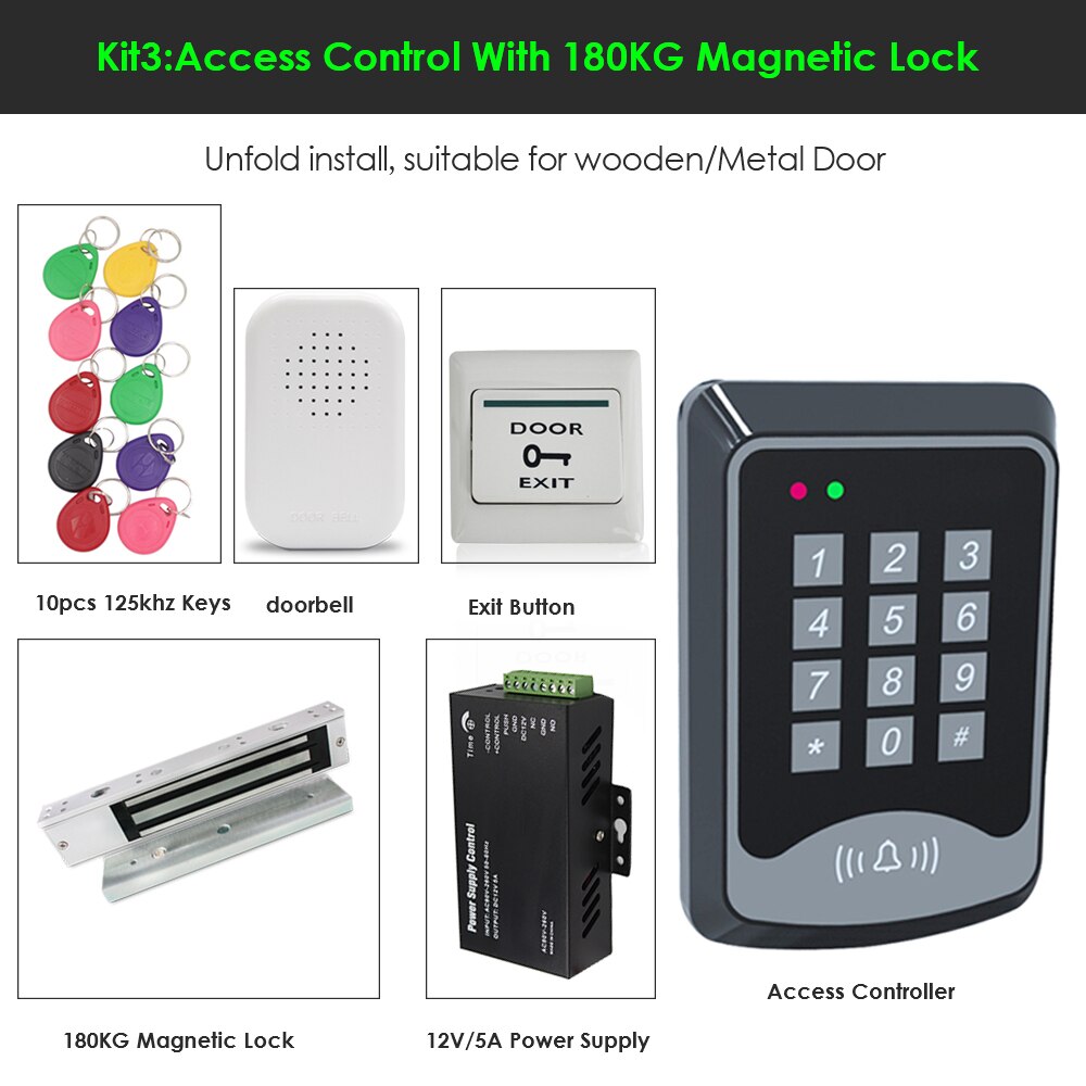 RFID keyboard keys Smart Door Access Control System With Power Supply 180KG electronic lock Door Access Control System Kit: Kit 3