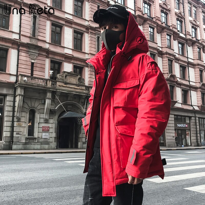 Unareta vinterjacka kappor män casual huvjackor herr hiphop reflexremsor parkarock lös kappa man