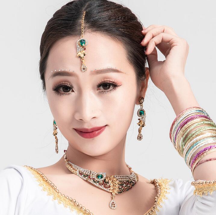 Accesorios de escenario de la India para niña, accesorio de baile para mujer, actuación de danza del vientre, tocados + pendientes + collar