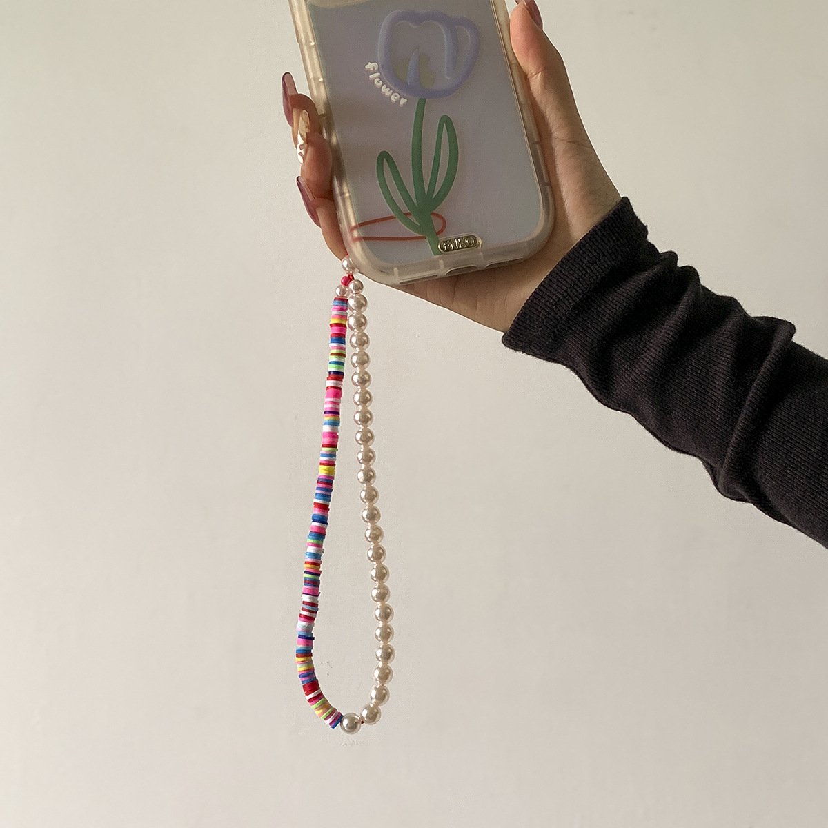 Trendy Pearl Clay Beads Mobile Phone Chains Anti-lost Handmade Lanyard Acrylic Charm Hanging Cord for Women Girls