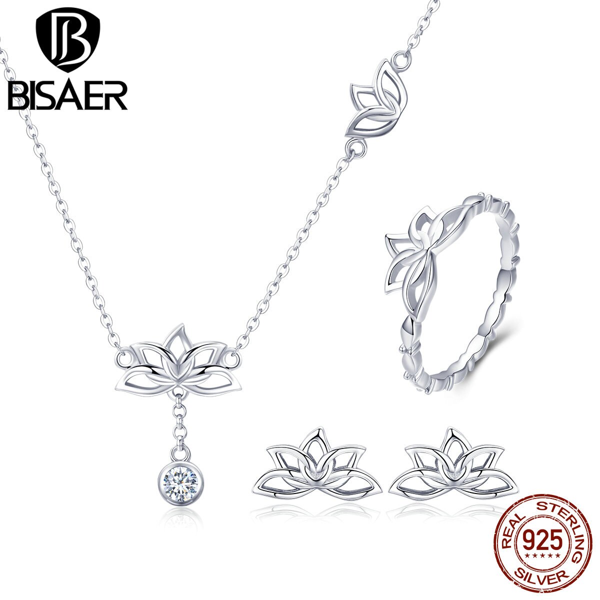 BISAER Real 925 Sterling Silver Lotus Flower Earrings Ring Necklaces Women Jewelry Sets for Women Sterling Silver Jewelry WES067