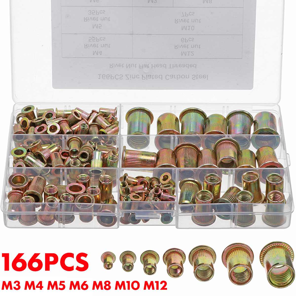 166pcs M3 M4 M5 M6 M8 M10 M12 Carbon Steel Rivet Nuts Insert Rivets Multi Size Flat Head Rivet Nuts Set Threaded Insert Nut Kit