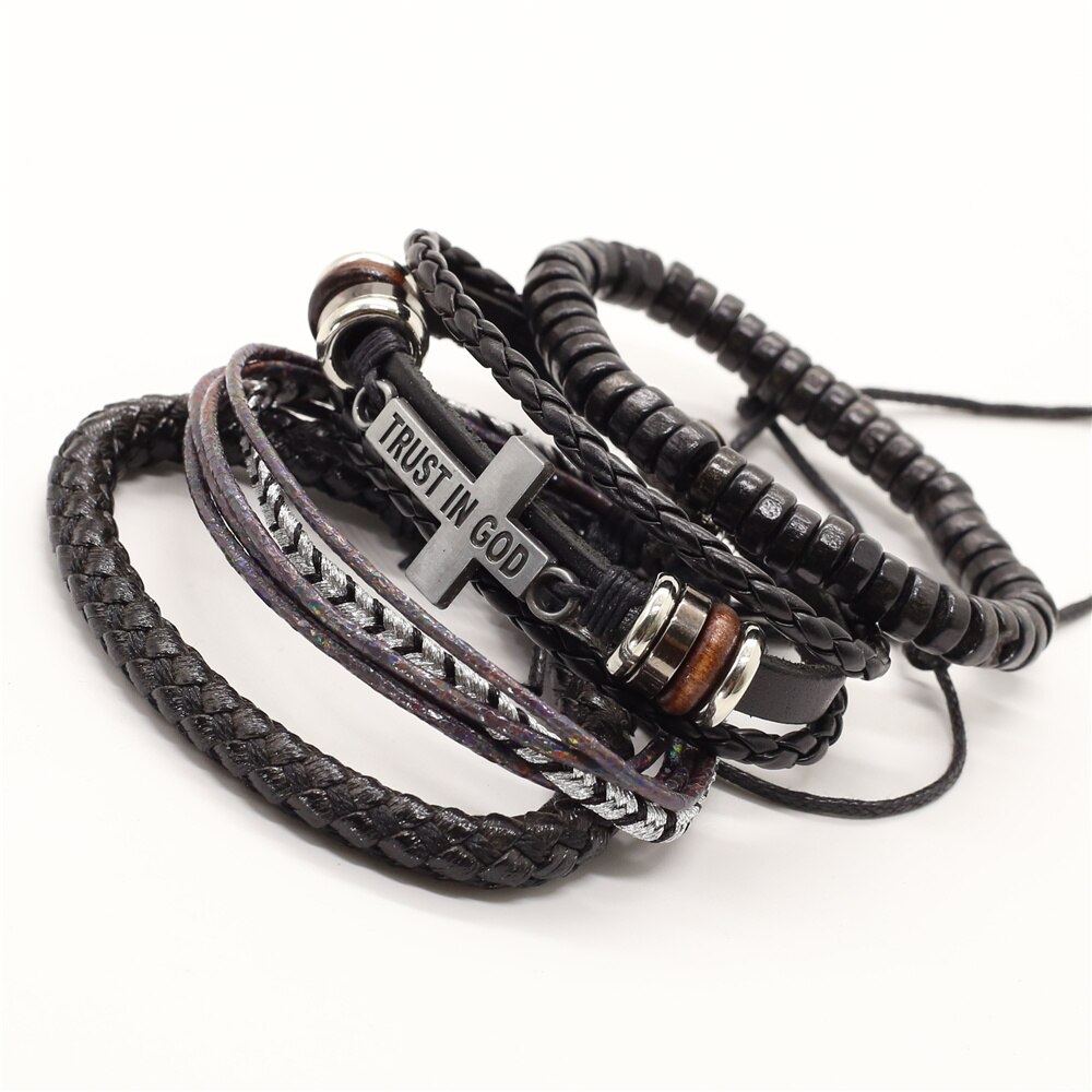 4 Stks/set Lion Cross Gitaar Charme Houten Kralen Mannen Lederen Armbanden Vrouwen Femme Homme Mannelijke Pulseras Sieraden