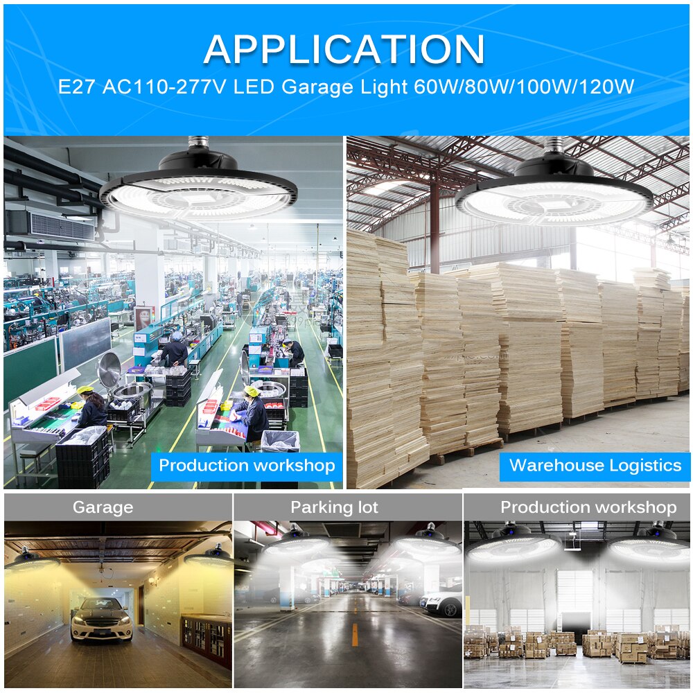 Deformation Adjustable Angle UFO Led Light Super Bright High Bay Light E27 60W 80W 100W Industrial Lighting For Garage Workshop