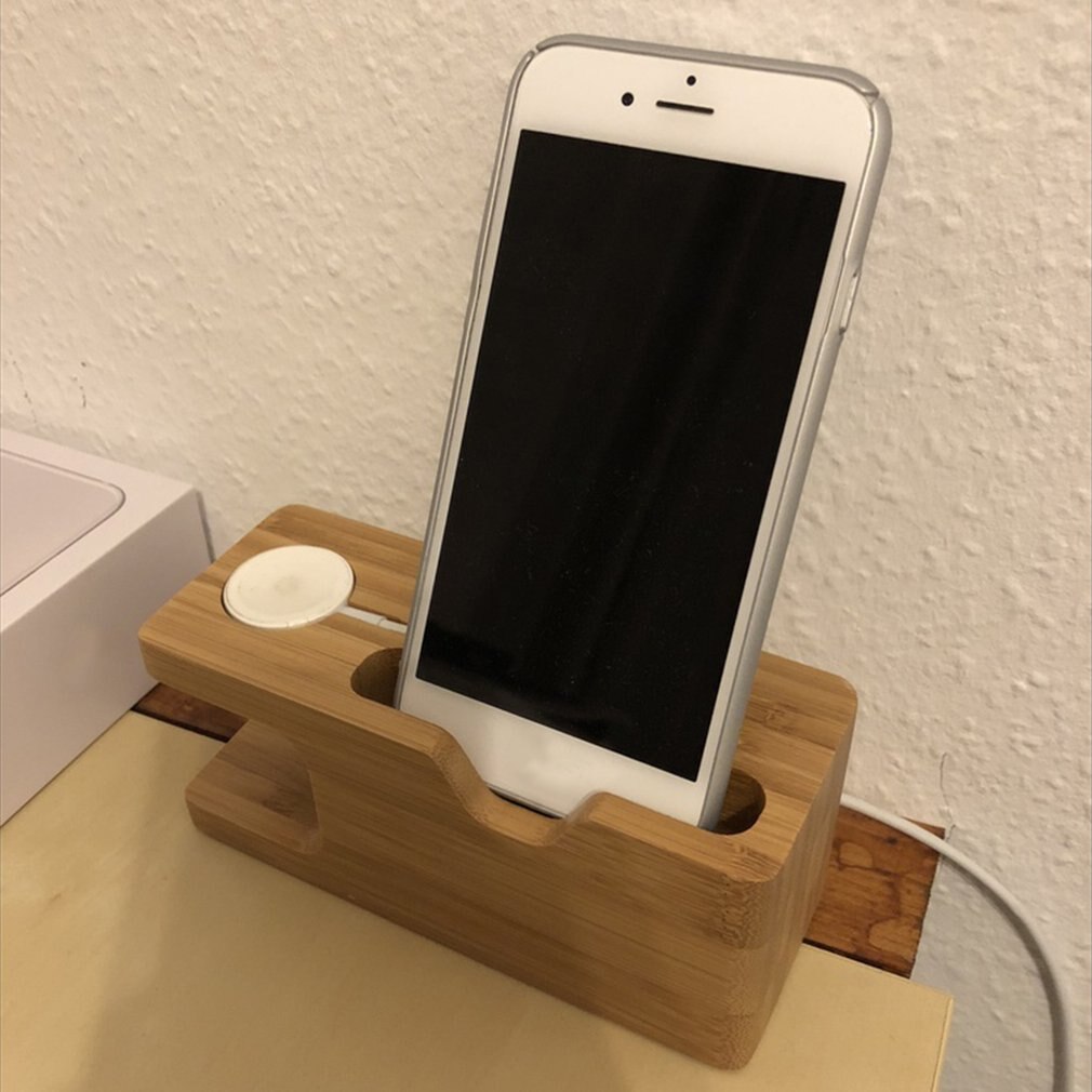2 in 1 Bamboo Wood Desktop Stand for iPhone iPad Tablet Phone Stand Holder Charger Charging Dock Station for Apple Watch