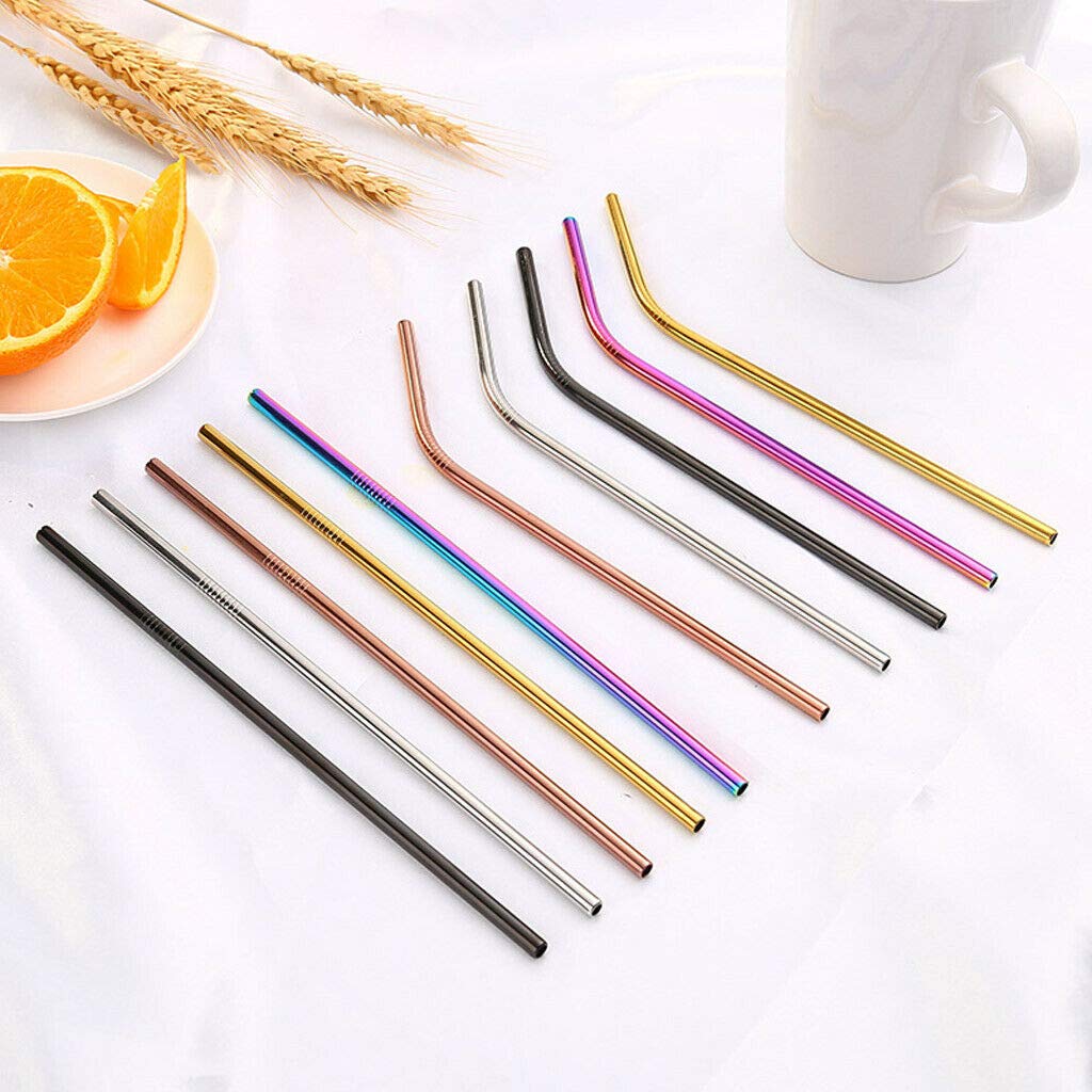 Reusable Metal Drinking Straw 304 Stainless Steel Colorful Straws Bent Straw Set With Cleaner Brush Bar Party Accessory