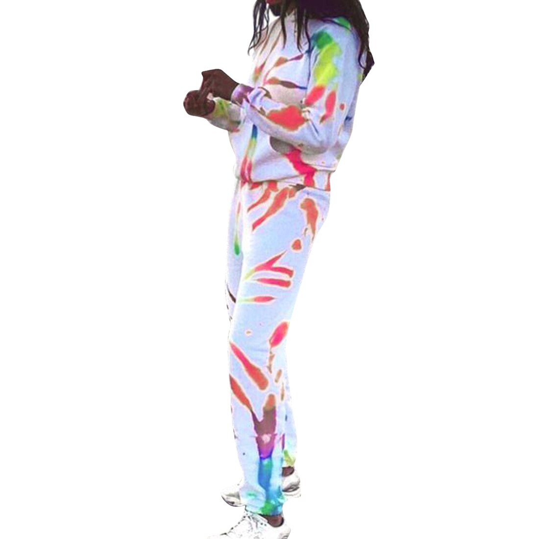 Women Tie Dye Tracksuit Two-piece Set Long Sleeve Top Elastic Waist Long Pants Women Running Sportswear: M / White