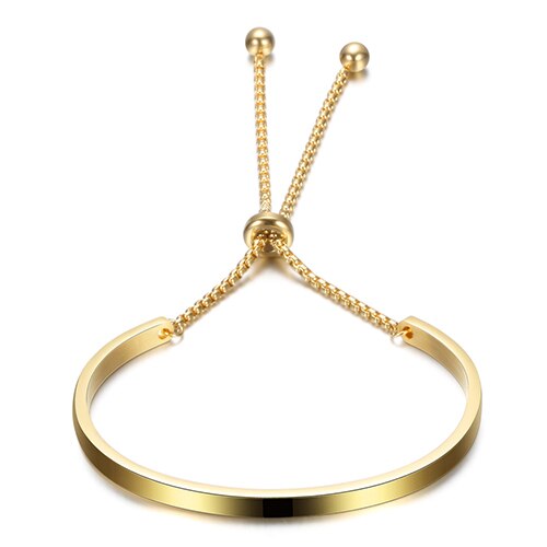 NIBA Gold-Color Cuff Bangle For Women One Row Crystal Stainless Steel Bracelet Bangle Jewelry Adjustable Chain: Gold without crystal