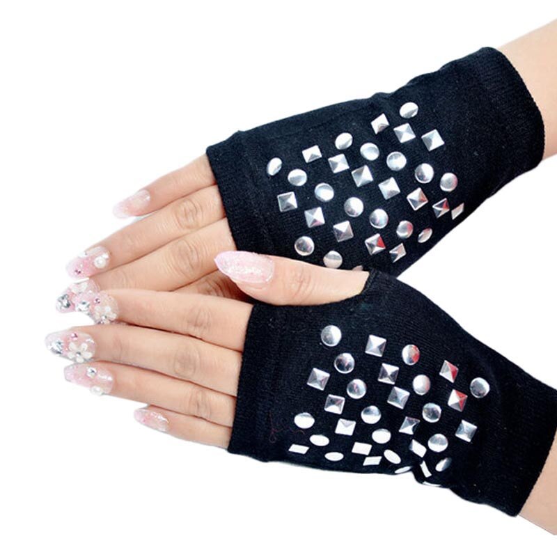 Mousserende strikket sort uld halvfinger computer luffer varme handsker steg trykt dame rhinestone fingerløse handsker kvinder mænd: 5