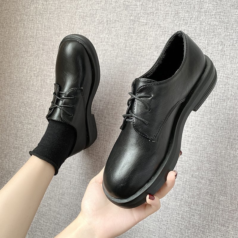 Zapatos Oxford para mujer, calzado de cuero negro liso con cordones, suela gruesa, informales, planos, talla grande, novedad, Otoño e Invierno