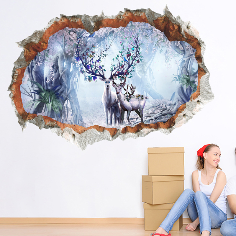Pared rota 3D ciervo alce bosque pegatina de pared de sala de estar extraíble para la decoración del hogar, pegatinas de fondo, pegatinas de paisaje artístico