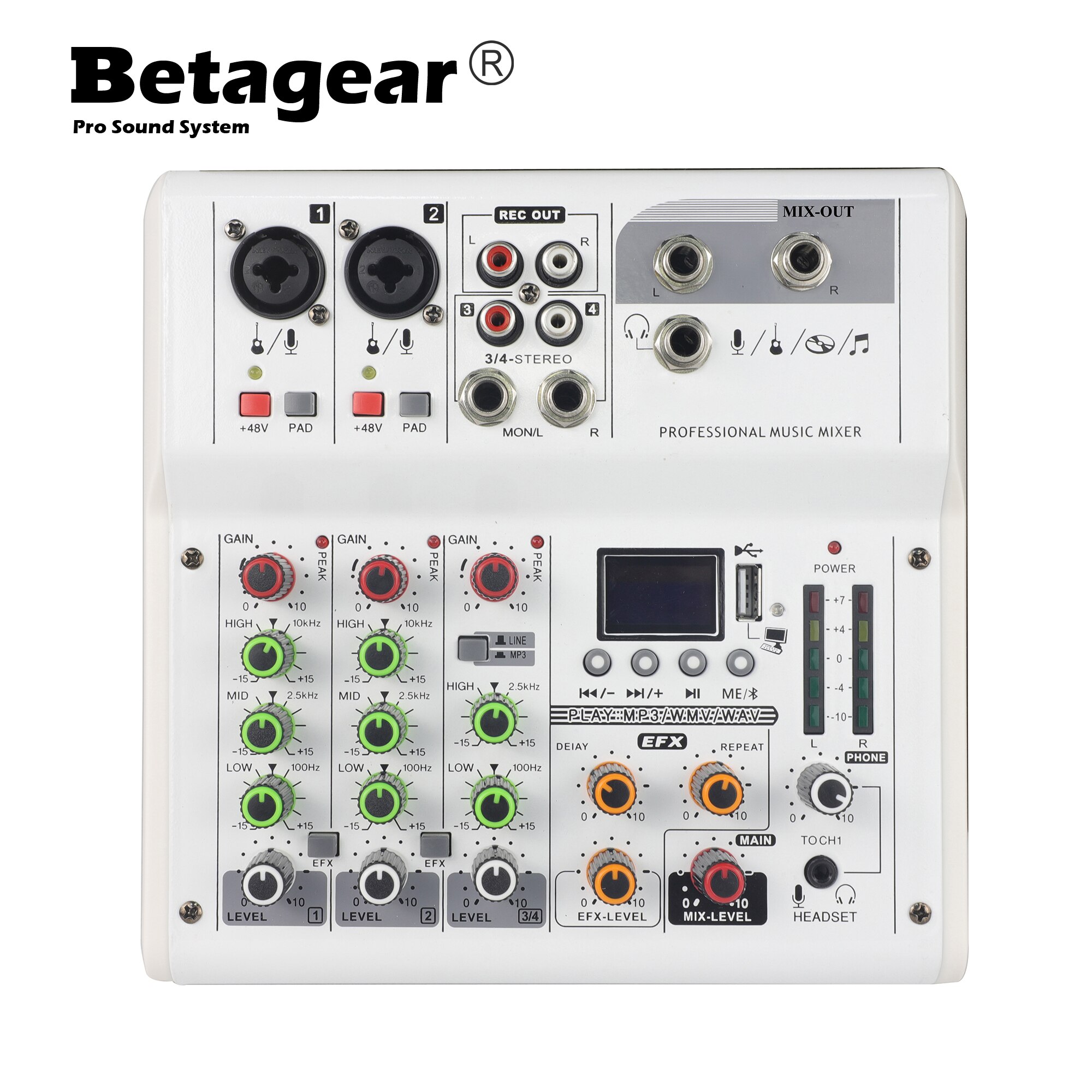 V04 Mini Usb Audio Video Dj Mixer Console Met Bluetooth Computer Afspelen 48V Phantom Power Vertraging Repaeat Effect