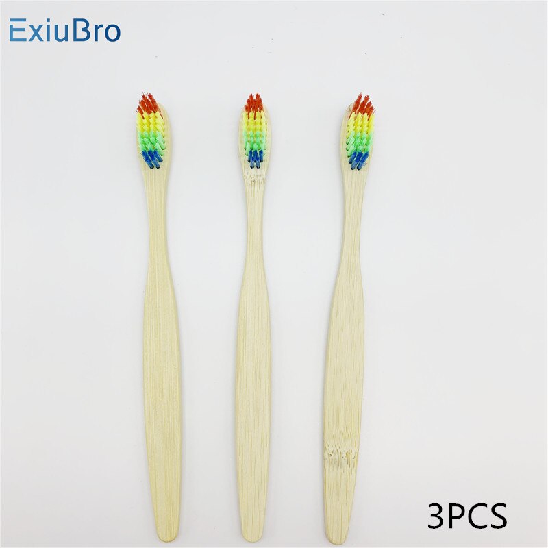 ExiuBro Rainbow Bristle Vegan Free Bamboo Toothbrush Flat Handle Biodegradable Bamboo Tooth brush Eco friendly Bamboo Handle: 3PCS Toothbrush