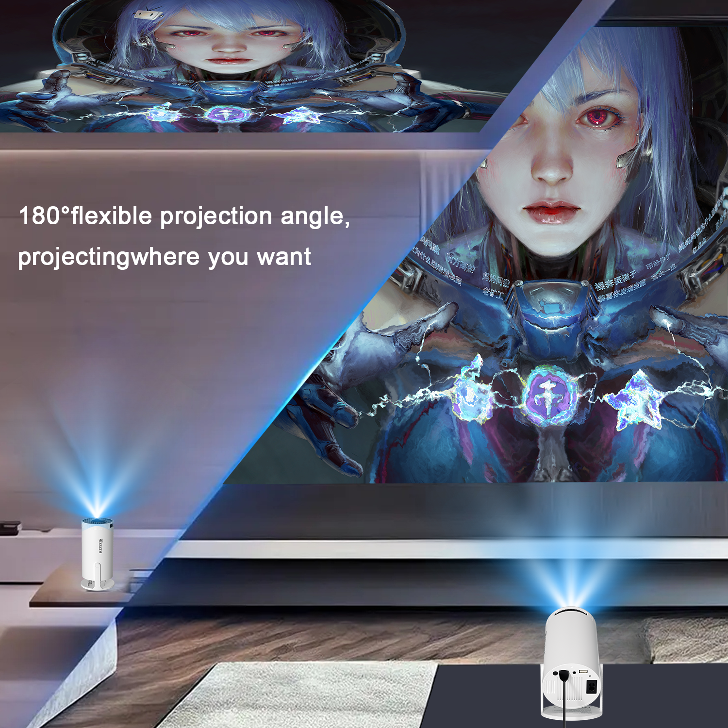 Intelligent high-definition projector, equipped with WiFi/BT5.0/Android system, supports 4K native/720P, 180 degree rotation, su