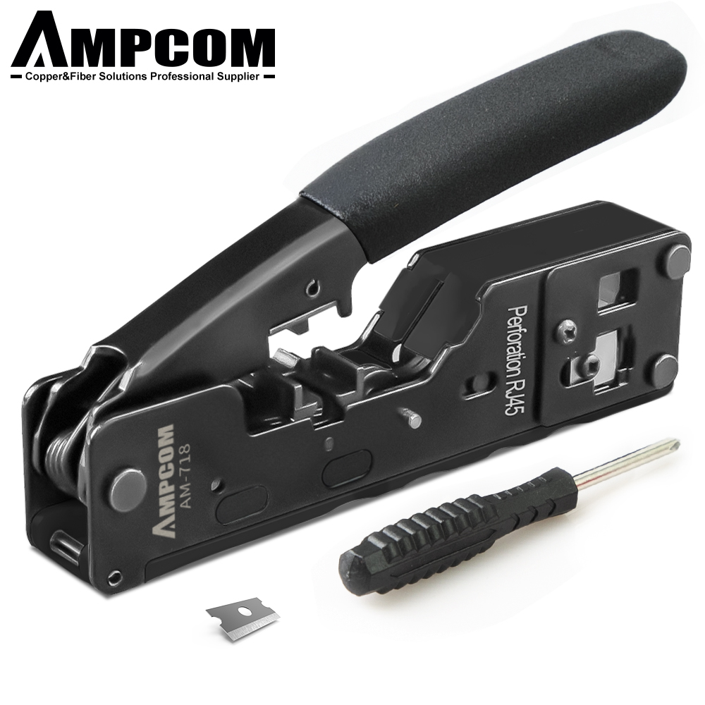 AMPCOM RJ45 RJ11 Pass Through Crimping Tool for Cat7/6A Cat6/5 Ethernet Modular Plugs Connectors With Stripper and Spare Blade: Black Set 2