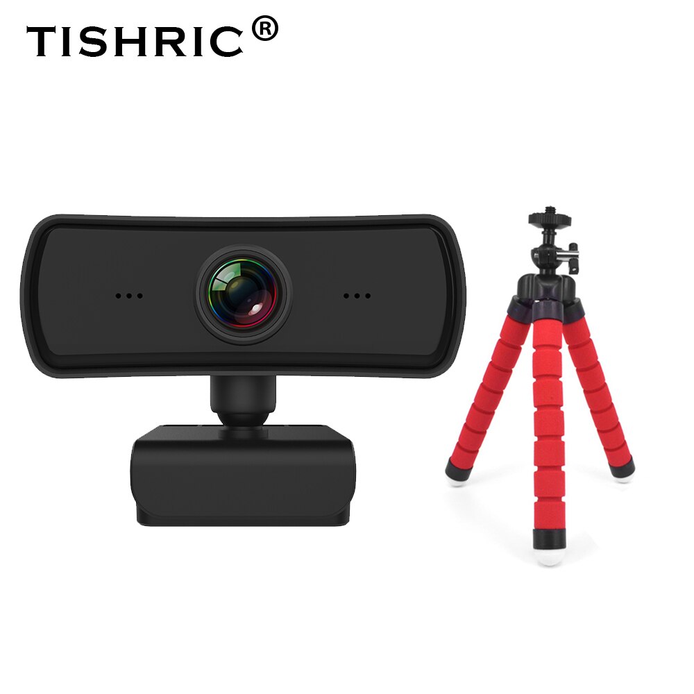 TISHRIC-cámara Web Full HD de 400w, Webcam 2K con USB, 1080P, enfoque automático, con micrófono para ordenador, cámara Web Mini/PC: With Red Holder