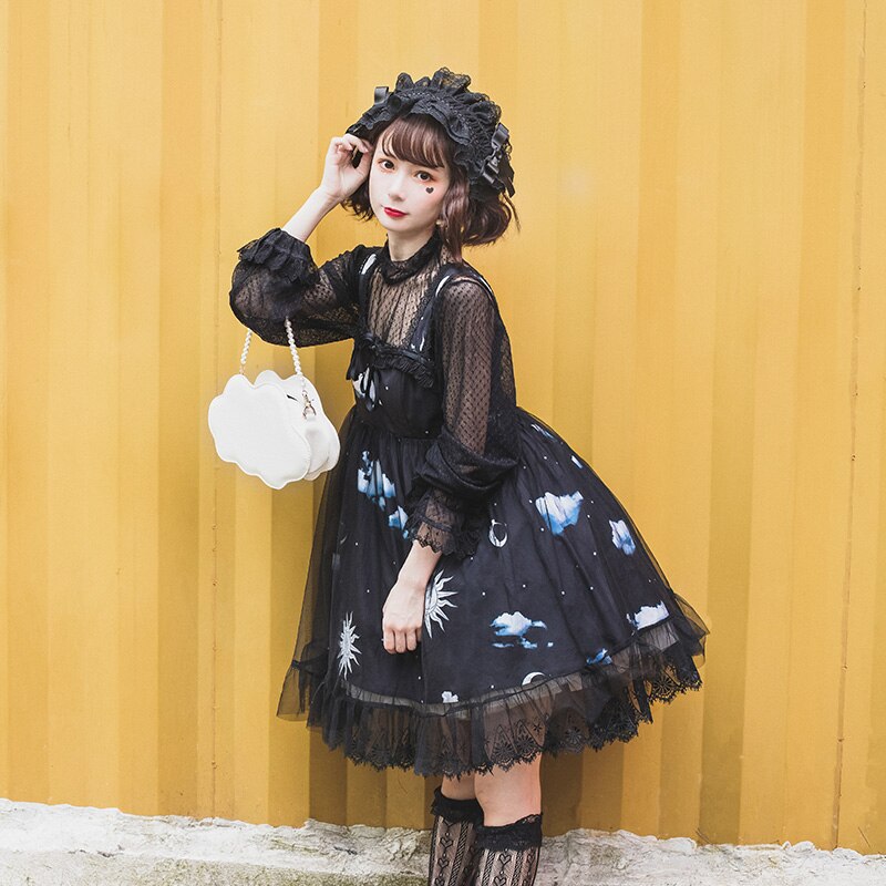 Dark Lolita Sterrenhemel Gradiënt Wolken Kawayi Jurk Originele Loli Js Mouwloze Sling Jurk Leuke Meisje Konijn Ondergoed Pak