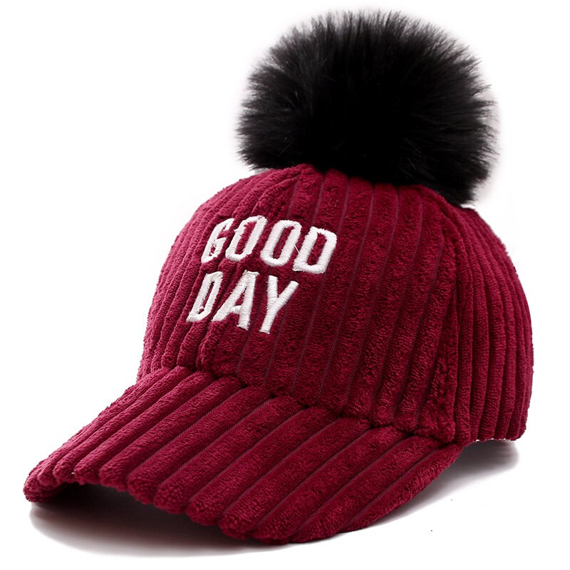 Goede Dag Brief Vrouwen Winter Baseball Cap Mode Pompoms Hoed Voor Vrouwelijke Herfst Casual Flanel Warm Cap: Wine Red