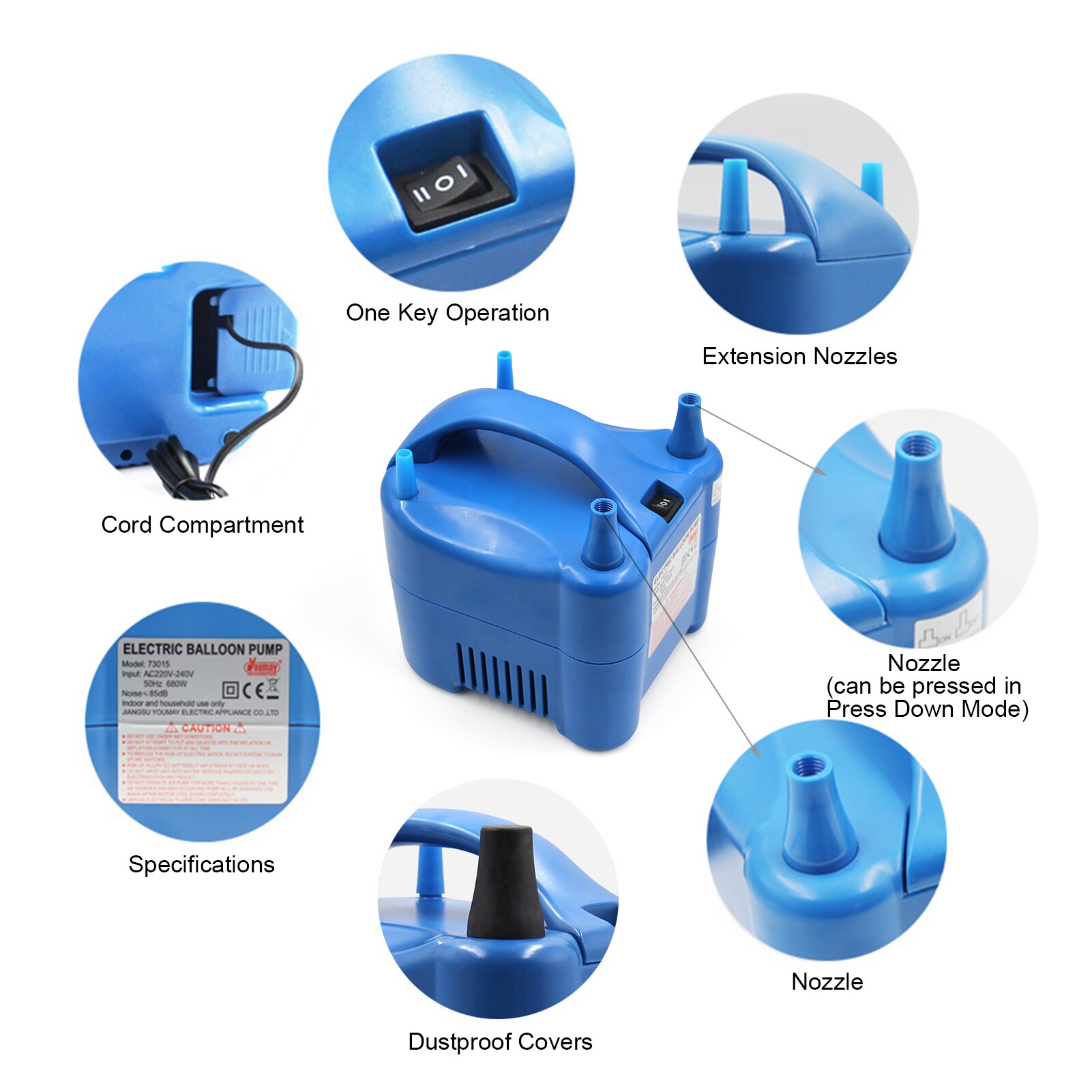 Electric Balloon Pump 680W Dual Nozzle Balloon Blower Auto/ Push Down Mode Balloons Inflator with Extension Nozzles 220~240V