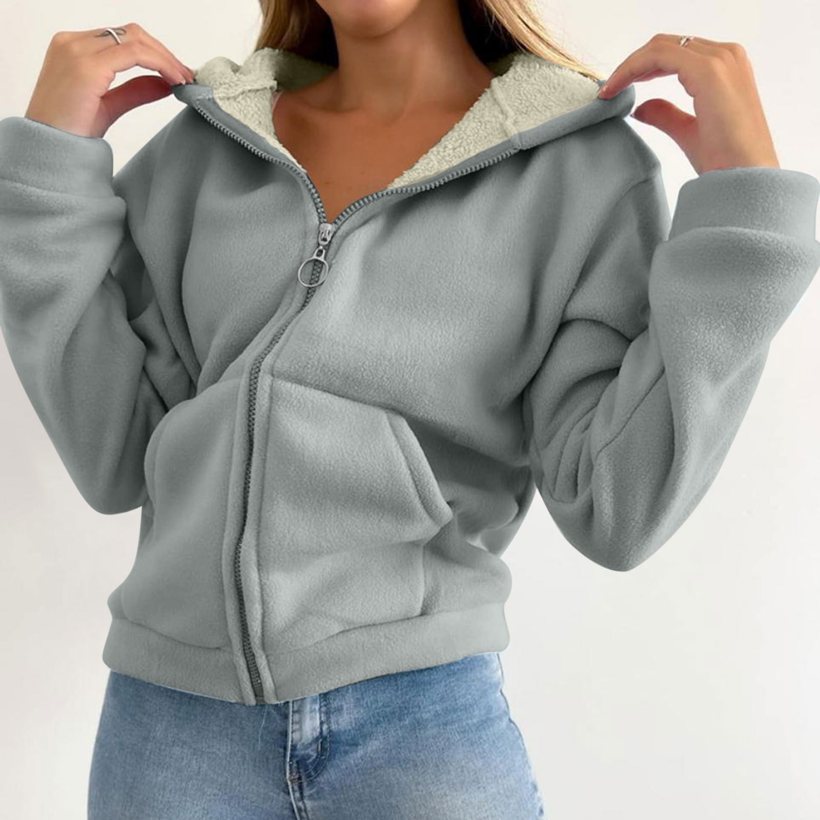 Trendy Sweatshirt Coat Front Pockets Warm Zipper Lamb Wool Jacket Men And Woman Winter Solid Color Plush Lined Cardigan Hoodie: XXXL / MULTI