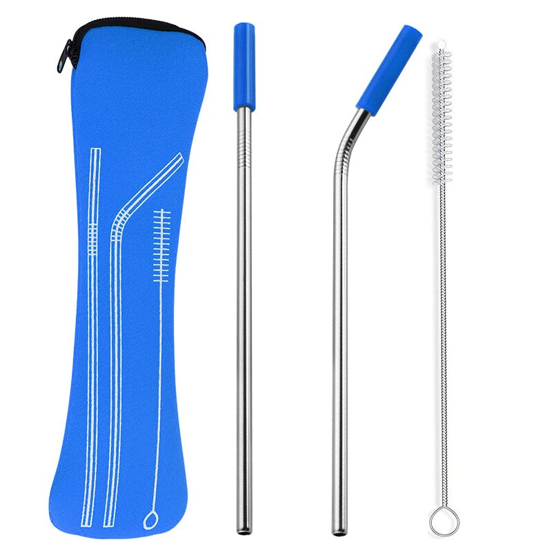 1 set Reusable Stainless Steel Straws Straight Bent Drinking Straws with Silicone Tips Cold Beverage Metal Drinking Straw: dark blue 2pcs