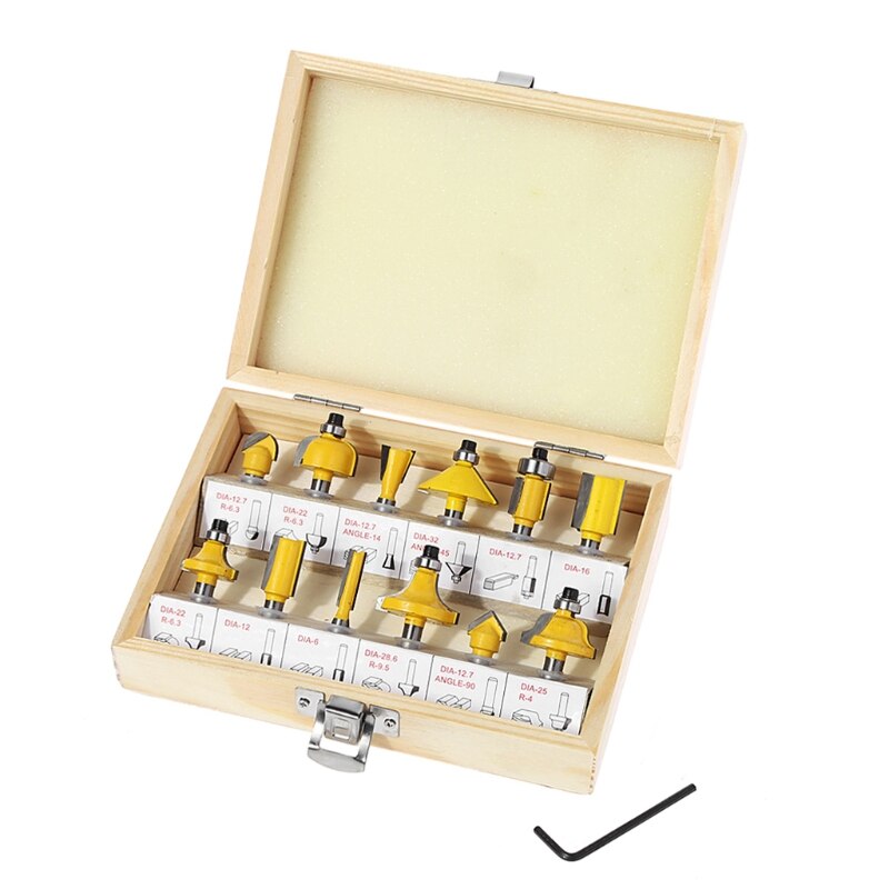 12 Pcs 1/4'' Shank Tungsten Carbide Tipped Router Bit Set Tool with Wooden Case