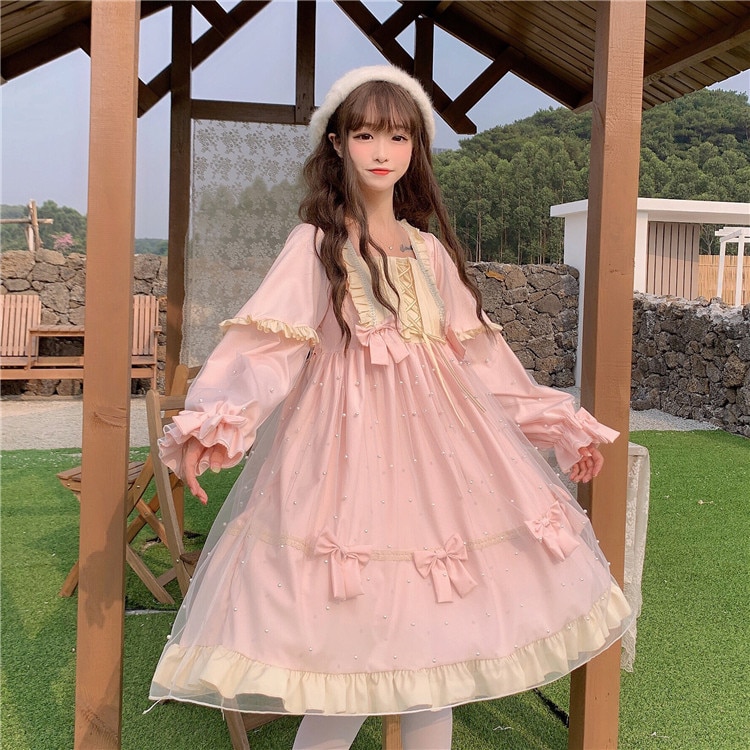 Vestido de hada Lolita mujeres otoño invierno dulce temperamento malla lolita manga larga vestido de gran oscilación