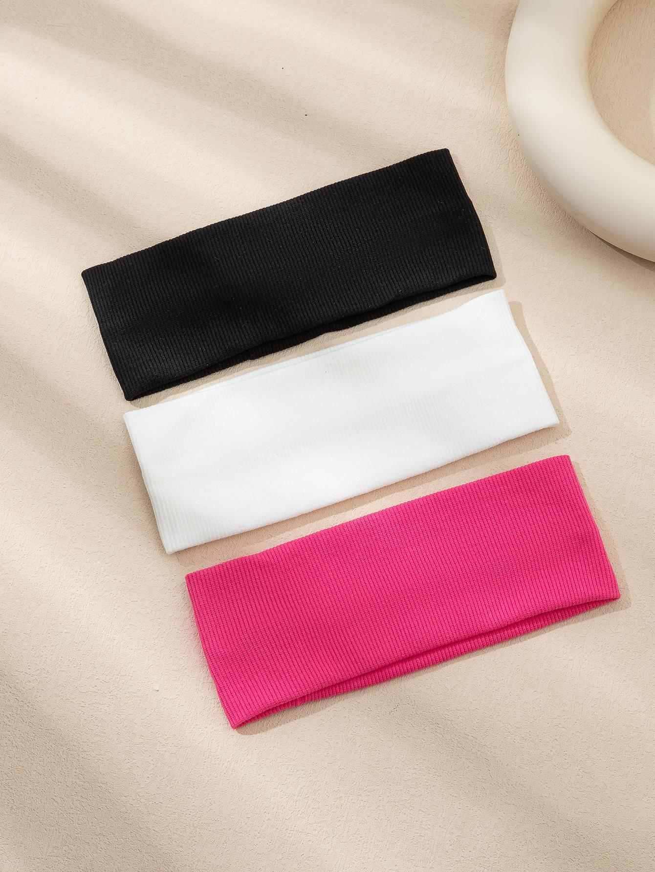 3 stk. strikkepannebånd i ensfarget farge, sklisikre, elastiske, myke stoffhårbånd til kvinner, hårbånd, hodeplaggtilbehør: Rosenrød