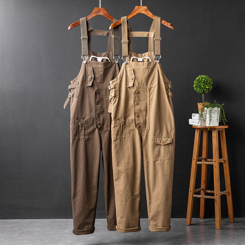 Løs lige stor lomme khaki brun fragt overalls mænd jumpsuit bib hip hop streetwear romper casual casual bukser bukser