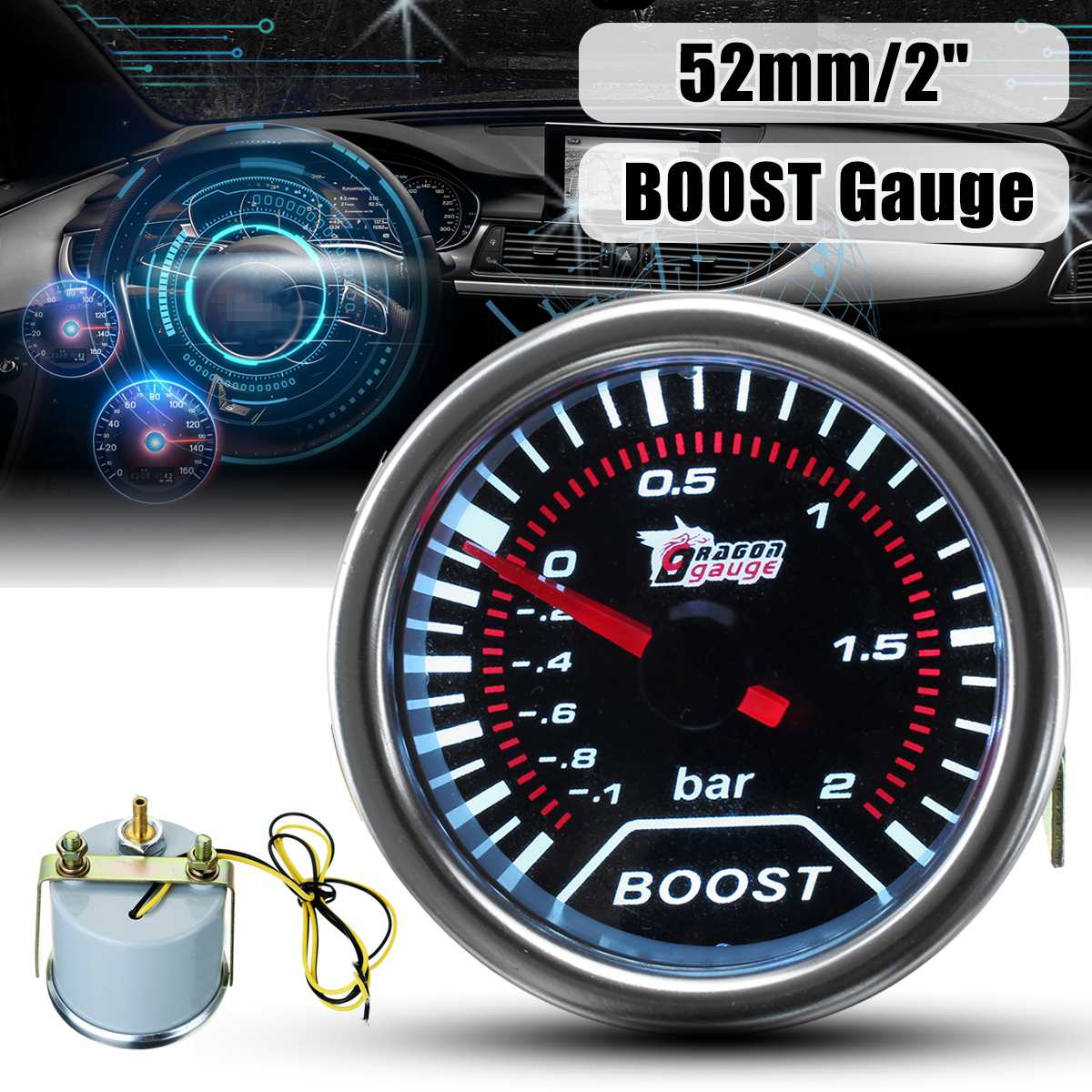 2 inch 52mm Car Turbo Boost Press Gauge Vacuum Meter -1 to 2 Bar LED Pointer Display Smoke Len 12V Universal Boost Meter