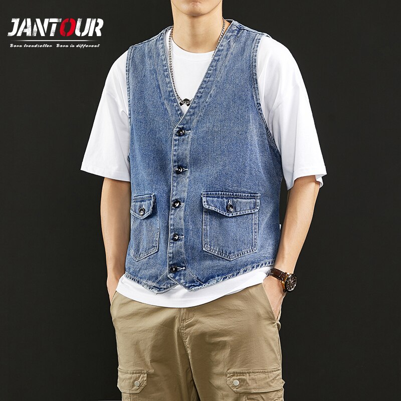 Chaleco vaquero de estilo clásico para hombre, camiseta ajustada sin mangas informal con cuello en V, chaqueta vaquera, abrigo, etiqueta azul, novedad de