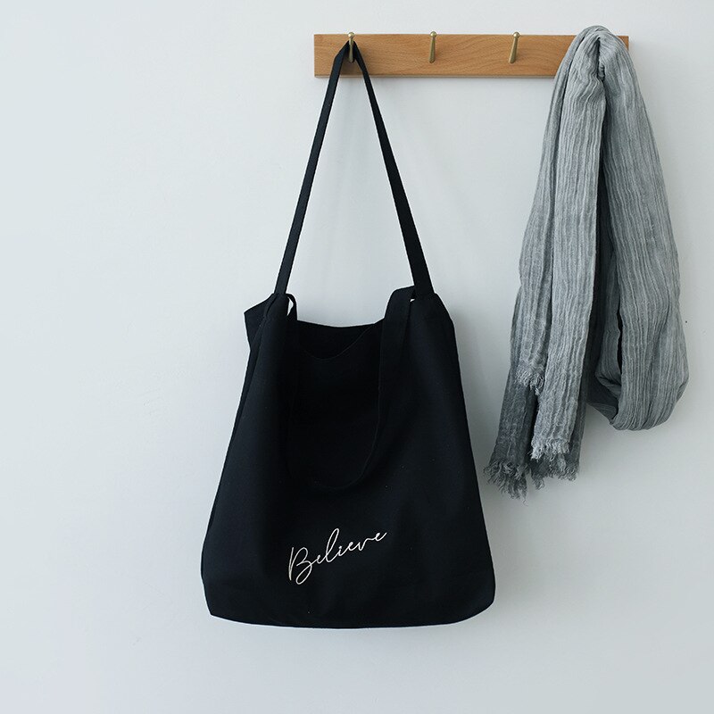 Vrouwen Canvas Schoudertas Boodschappentas Eco Casual Grote Katoenen Doek Tote Shopper Tassen Voor Lady Vrouw Handtassen Brief print: Black