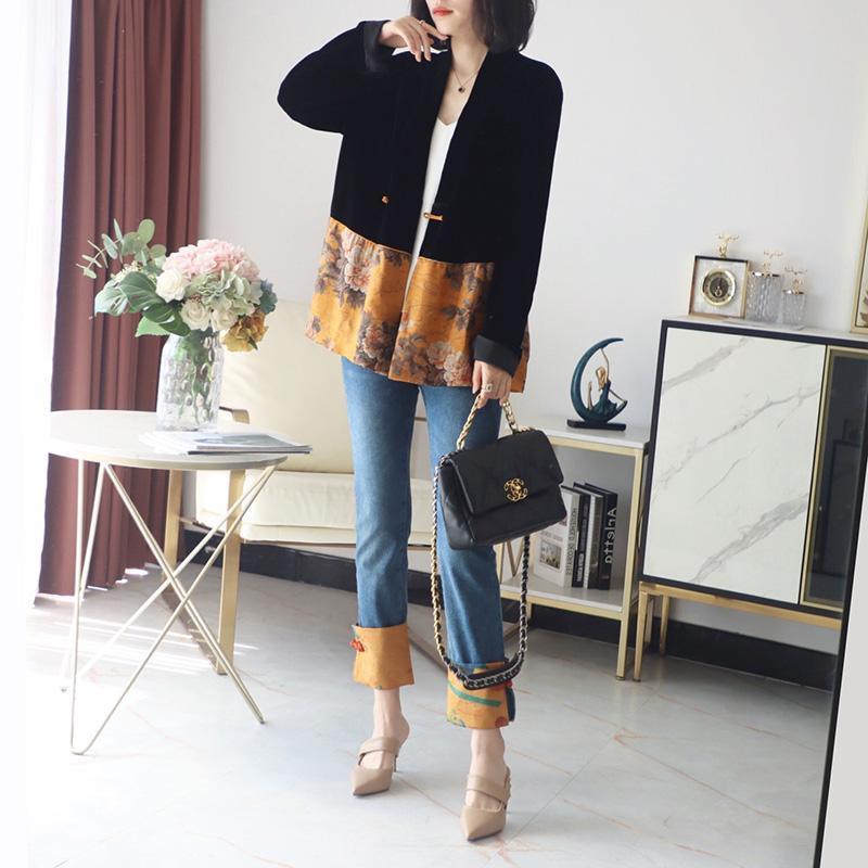Lady Chinese Style Velvet Coat Women Retro Print Qipao Button Top Black Yellow Loose Blouse Patchwork Jackets Tops Robes