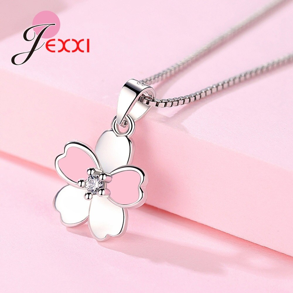 Nieuwkomers Kersenbloesems Bloem Ketting Oorbellen 925 Sterling Zilver Roze Glazuur Sakura Sieraden Sets Voor Mooie Dame