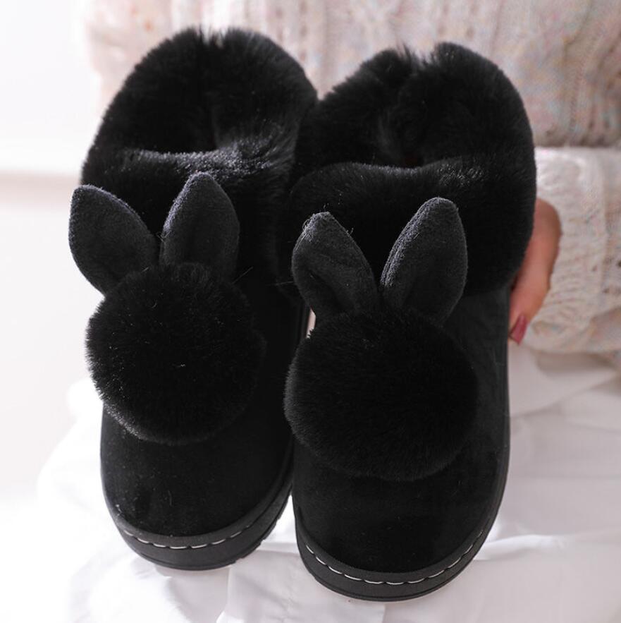 Herfst Winter Katoen Slippers Bont Konijn Thuis Warme Dikke Bodem Indoor Katoen Schoenen Kat Slippers Dames Slippers Schattige Pluizige: Black / 38-39