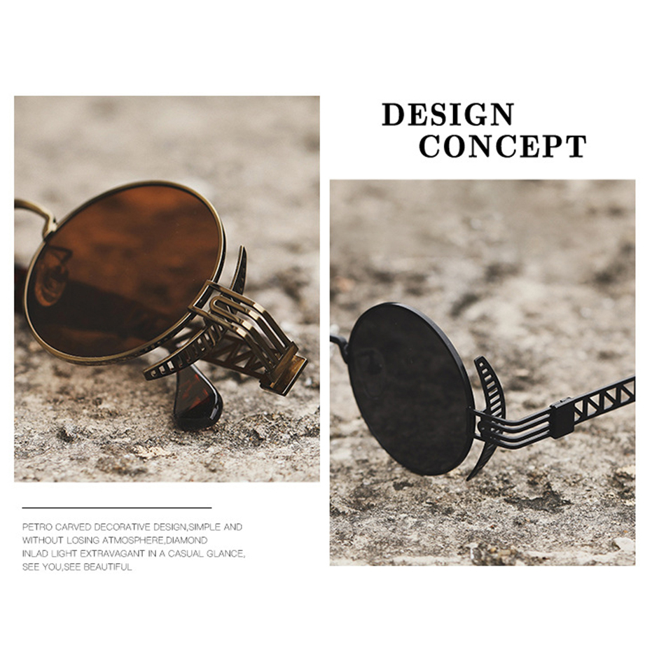 VIVIBEE Ronde Steampunk Zonnebril Voor Mannen 2025 Retro Vrouwen Metalen Accessoires Gothic UV400 Zonnebril Spiegel Punk Bril
