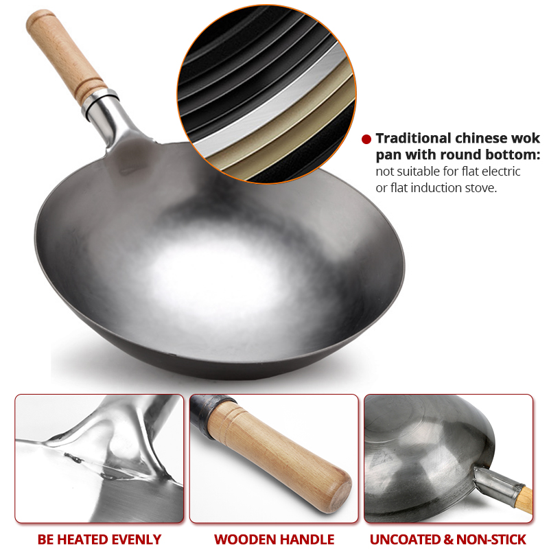 Traditional Handmade 100% Iron Wok Thickening Non Coated Round Bottom Pan Wok Cook Large Cooking Pot Wood Handle Lid