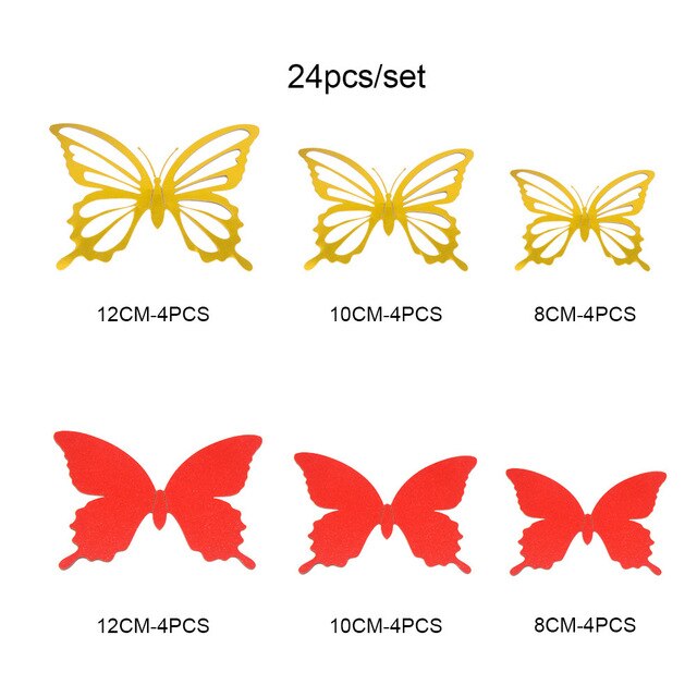 12Pcs Double-layer Paper 3D Butterfly Wall Sticker for Wedding Decoration Room Butterflies Fridge Art Wall Removable Wall Decor: Red Gold