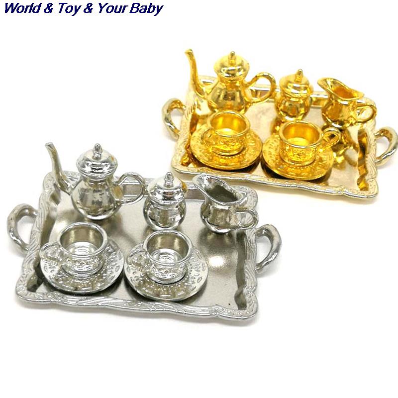 10Pcs/set Doll House Miniature Metal Tea Doll House Furniture Miniature Dining Ware Toy Teapot Cup Plate